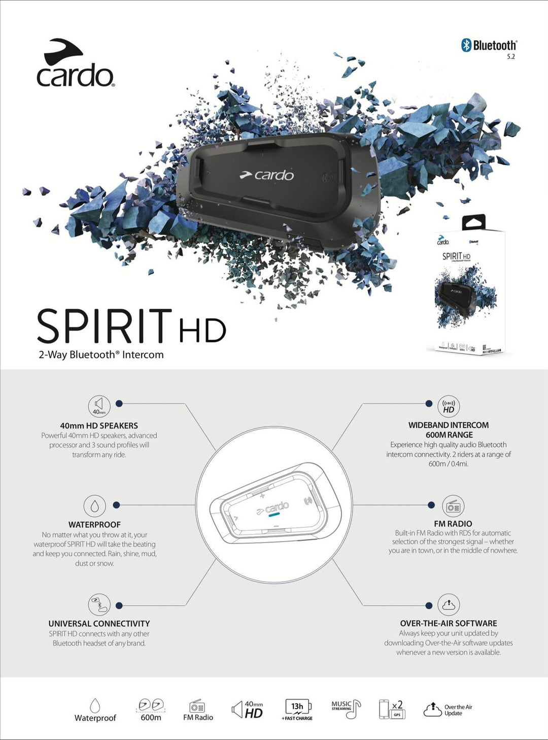 บลูทูธติดหมวกกันน็อค Cardo บลูทูธ bluetooth Spirit HD (Bluetooth 5.2)