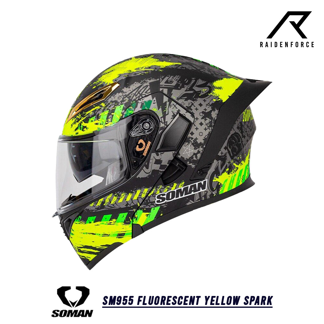 หมวกกันน็อคยกคาง SOMAN - SM955 Fluorescent yellow spark